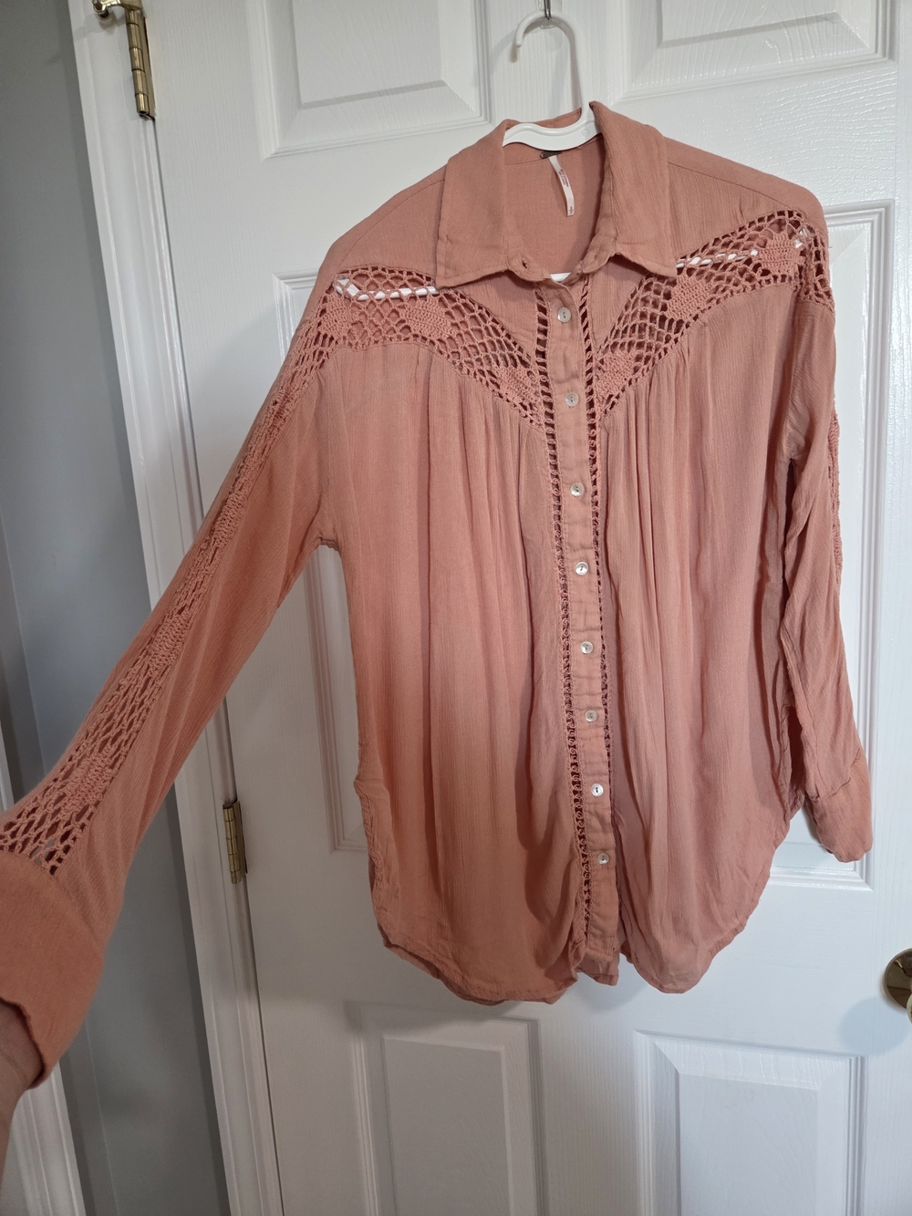 Free People Crochet Yoke Button-Down Top - Dusty Rose